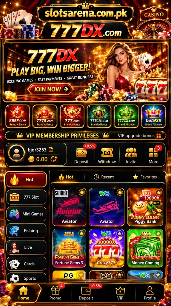 77DX Game casino-style mobile lobby with slots, cards, VIP, deposit, and gaming categories.