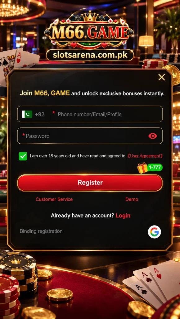 M66 Game casino-style registration screen with slotsarena.com.pk branding.